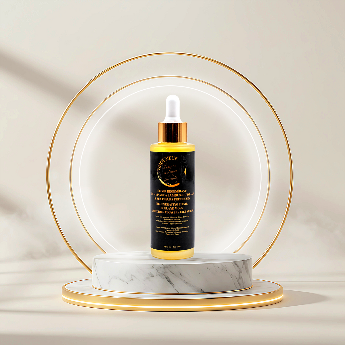 Vingt-Neuf Hydrating Face Serum 60ml bottle displayed on luxury pedestal for deep skin hydration