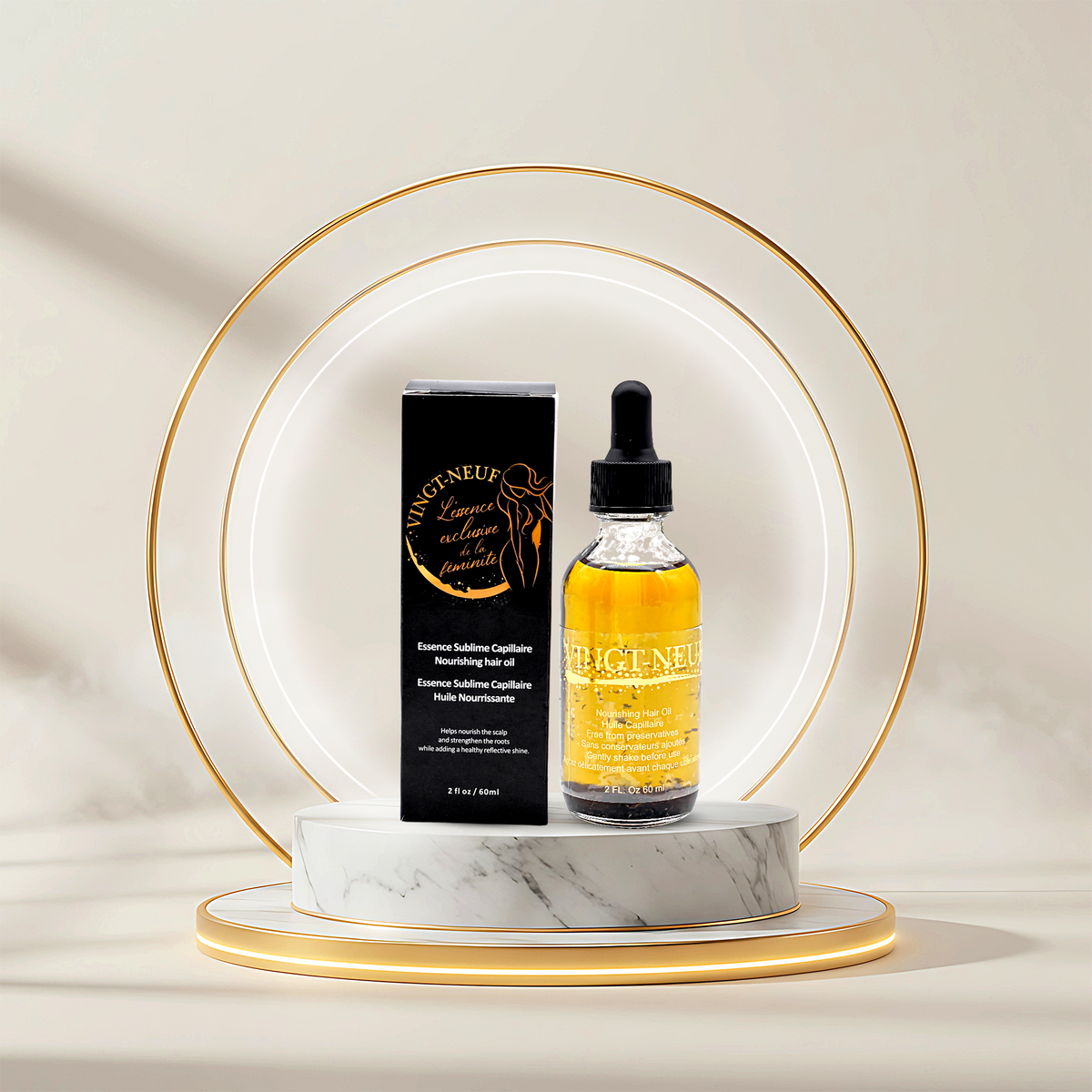 Vingt-Neuf Precious 7-Oil Elixir 60ml hair oil bottle with dropper and packaging on luxury display