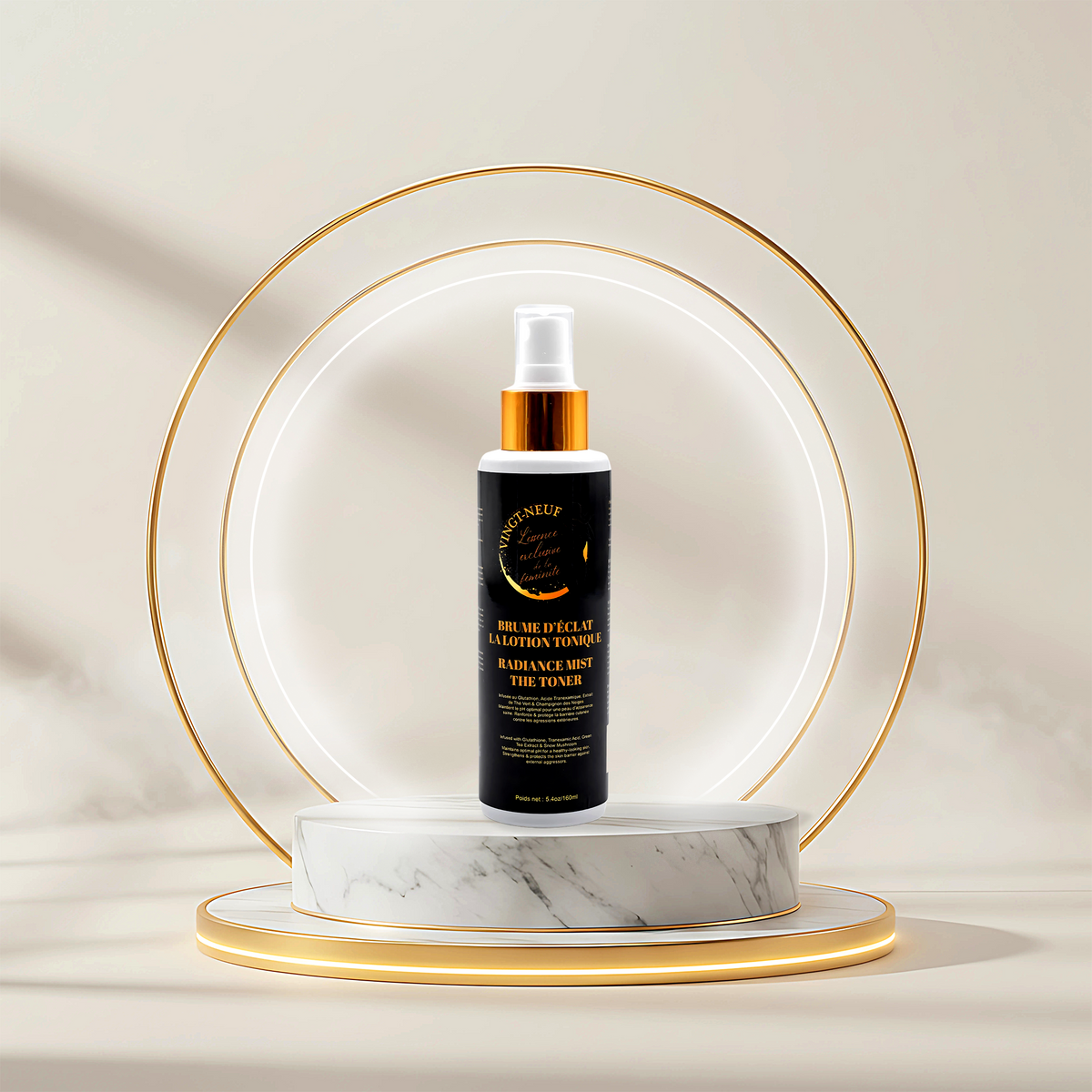 Vingt-Neuf Glow Fresh Face Mist 160ml bottle on luxury display for instant hydration and glow