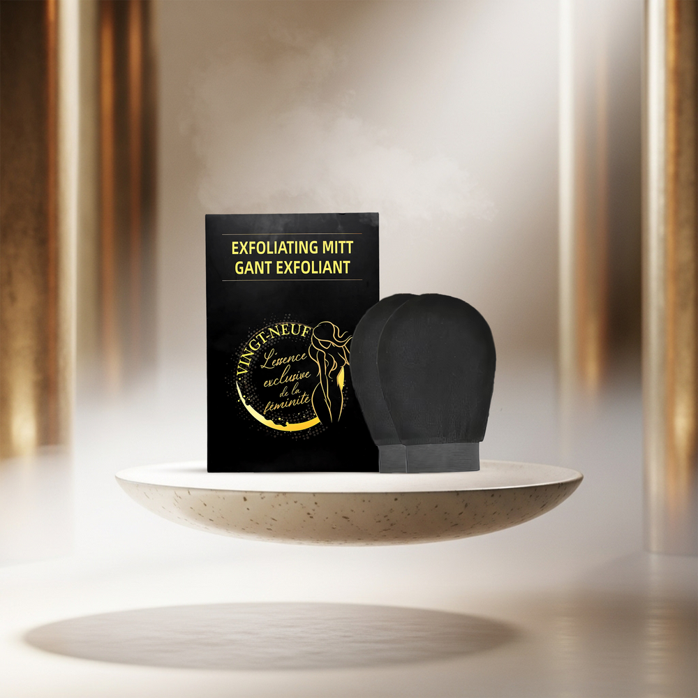 Vingt-Neuf Luxury Exfoliating Mitt packaging showing professional body exfoliation glove