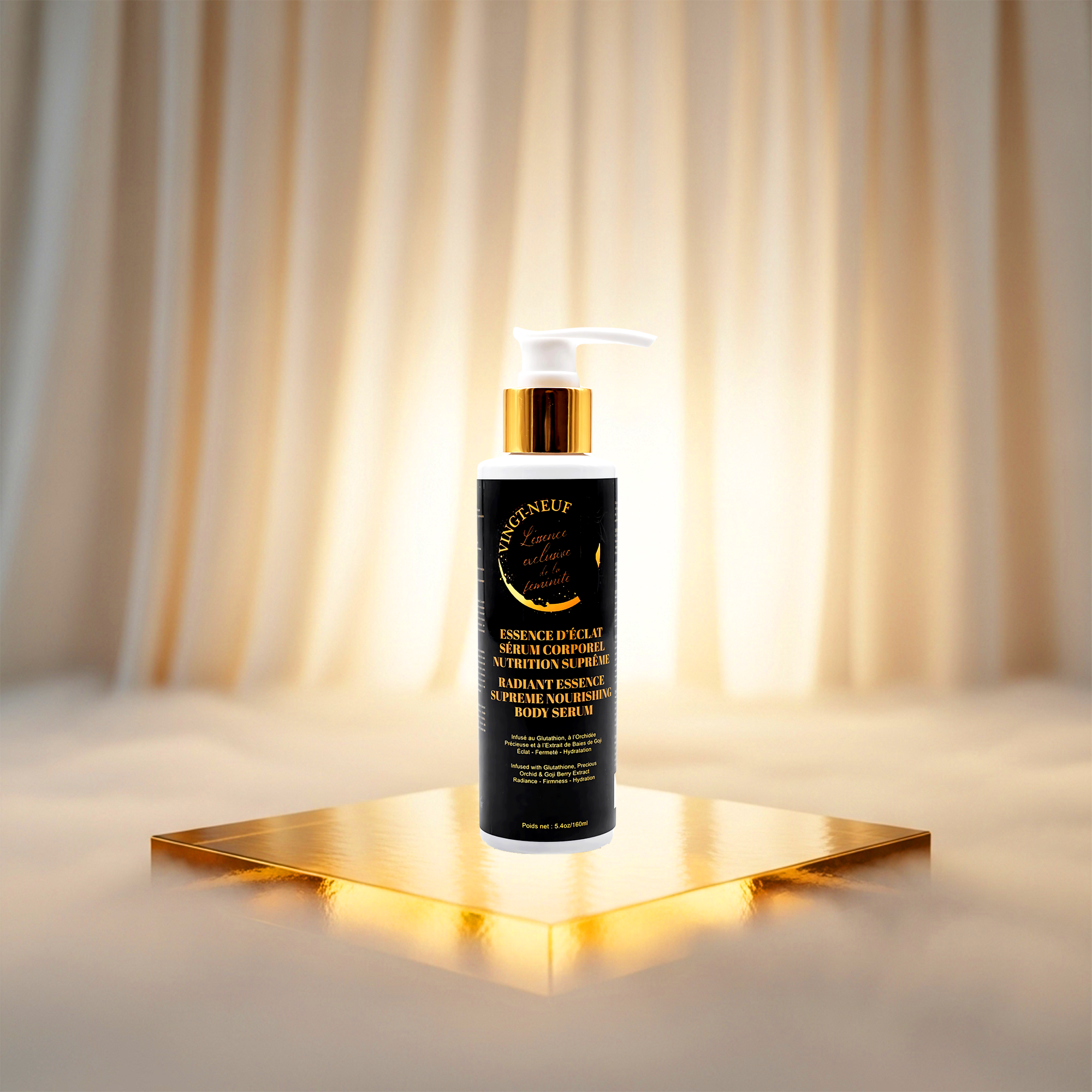 Vingt-Neuf Exotic Glow Body Serum applied to skin for luminous, smooth body glow